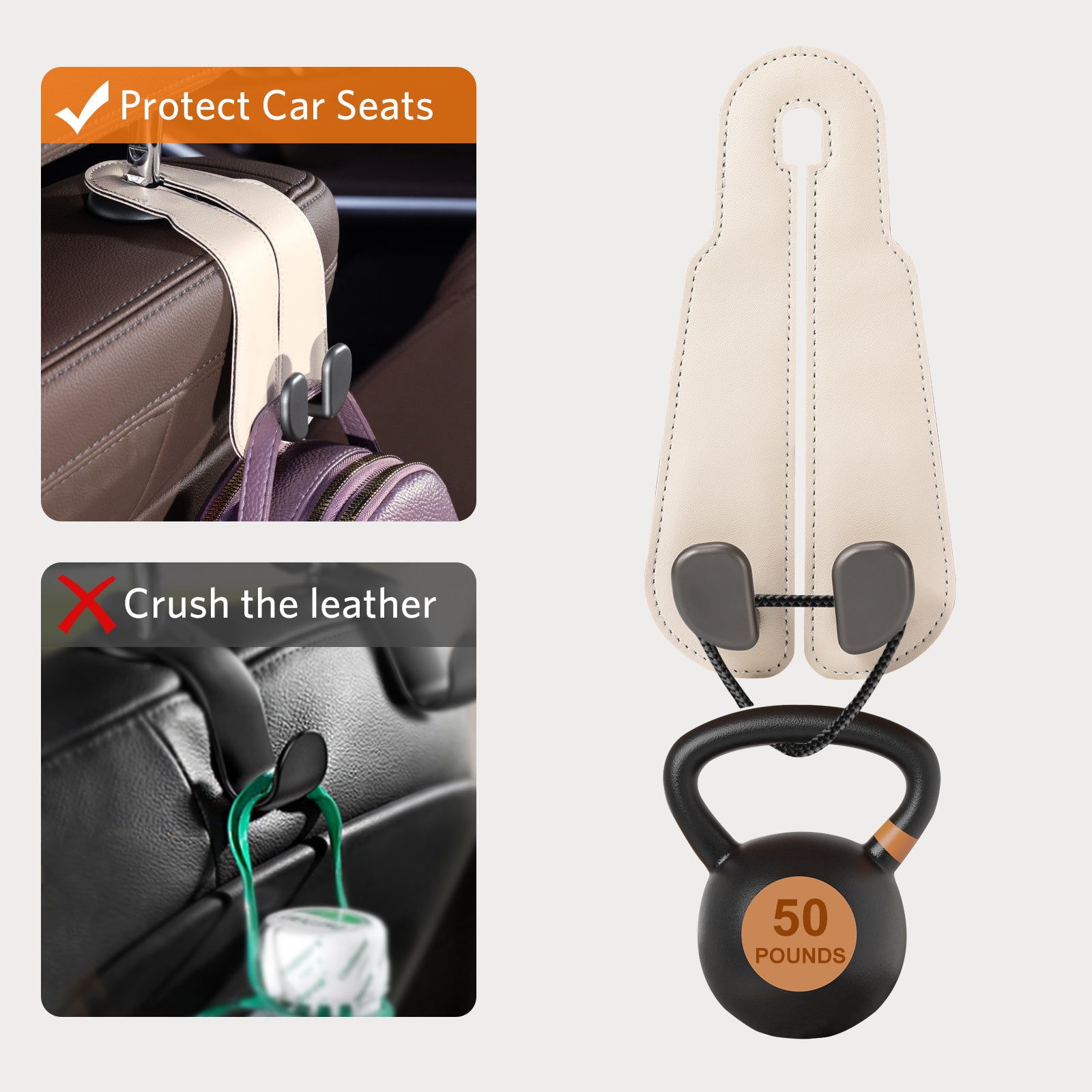 Car Seat Back Hook for Bags Leather Metal 4 Pack Organizer