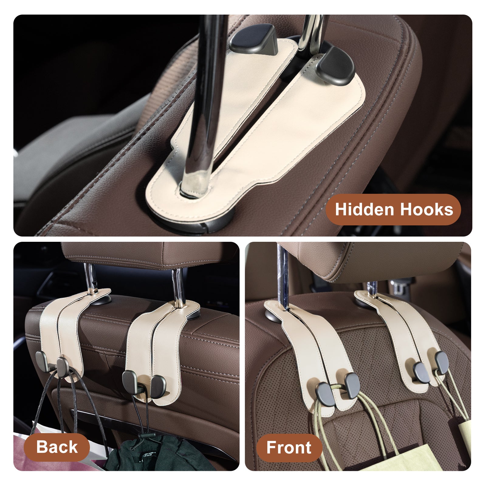 Car Seat Back Hook for Bags Leather Metal 4 Pack Organizer