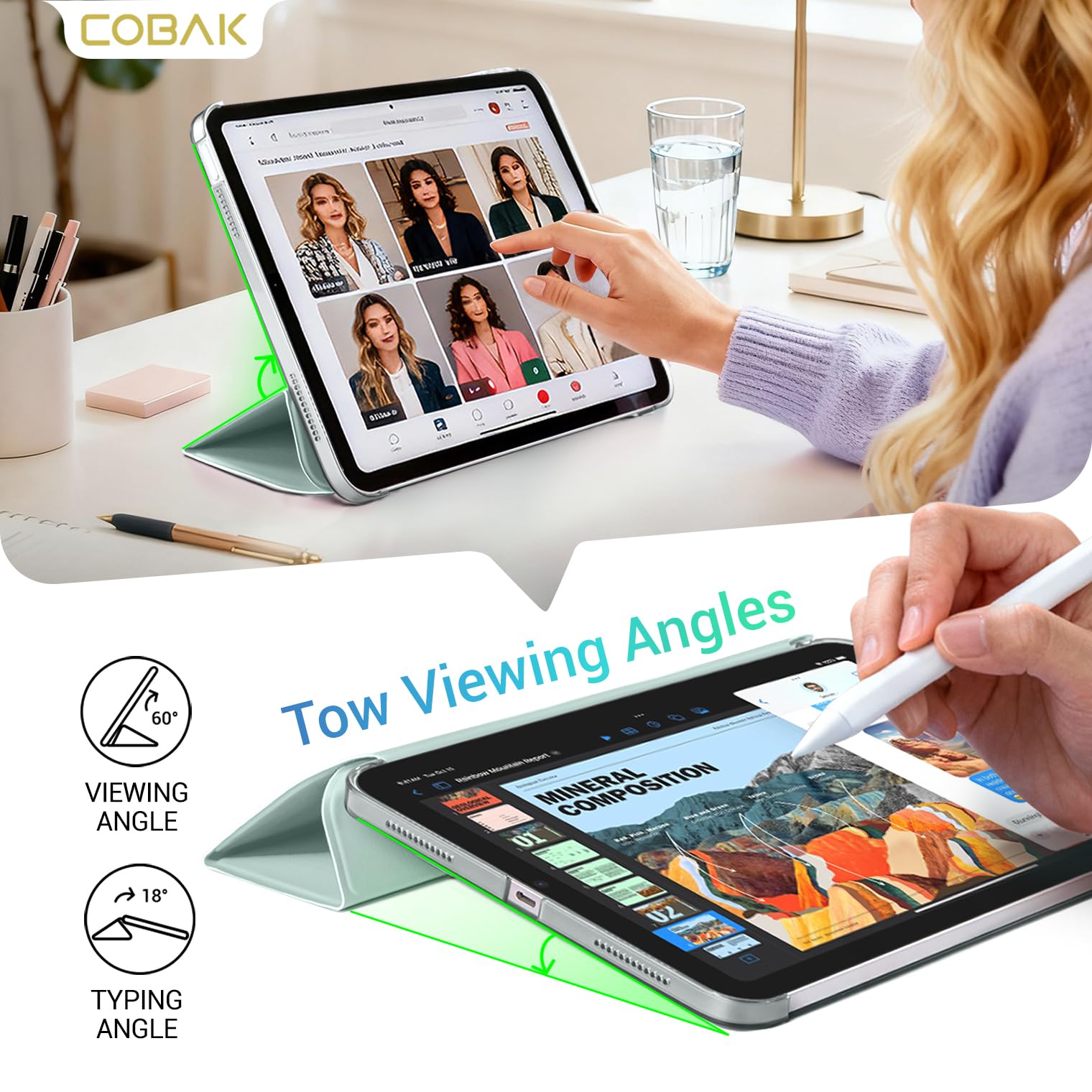 iPad 11th Gen (10th Compatible) Slim Stand Cover with Clear Hard Back, Touch ID#Color_Celadon Green