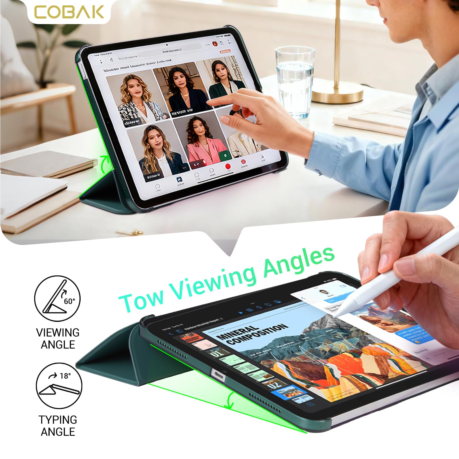 iPad 11th Gen (10th Compatible) Slim Stand Cover with Clear Hard Back, Touch ID#Color_Emerald