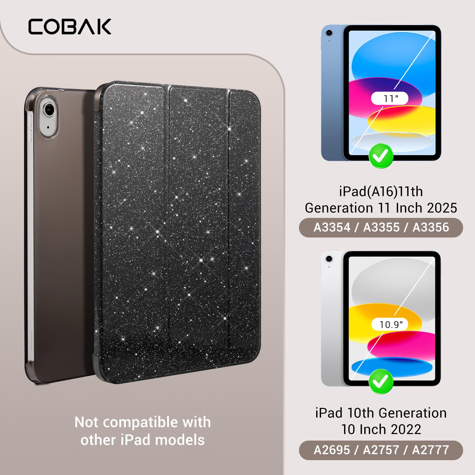 iPad 11th Gen (10th Compatible) Slim Stand Cover with Clear Hard Back, Touch ID#Color_Black Glitter