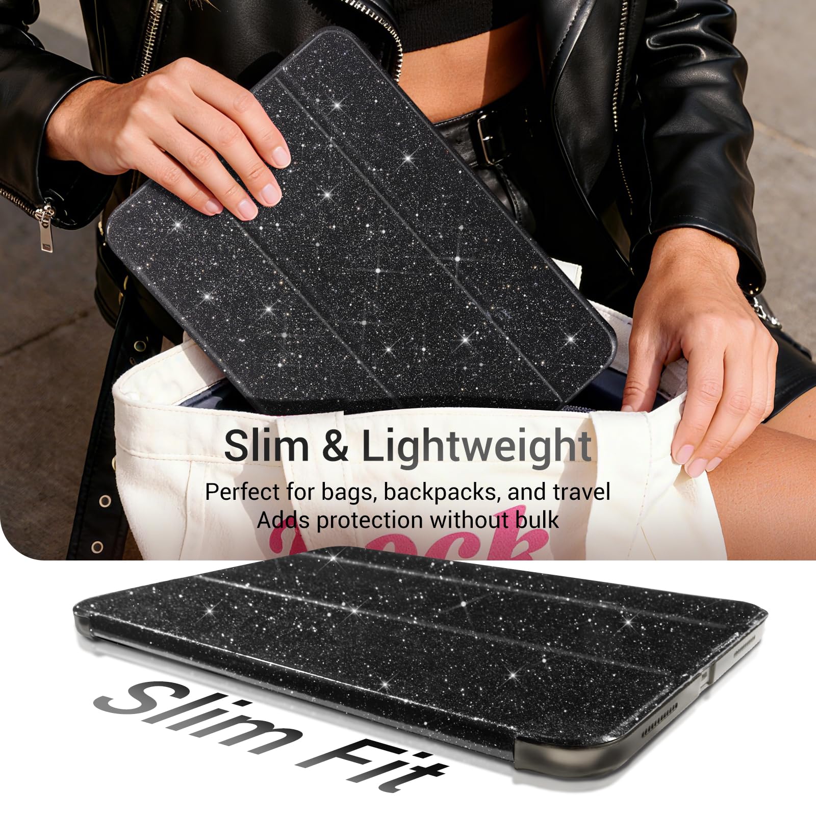 iPad 11th Gen (10th Compatible) Slim Stand Cover with Clear Hard Back, Touch ID#Color_Black Glitter