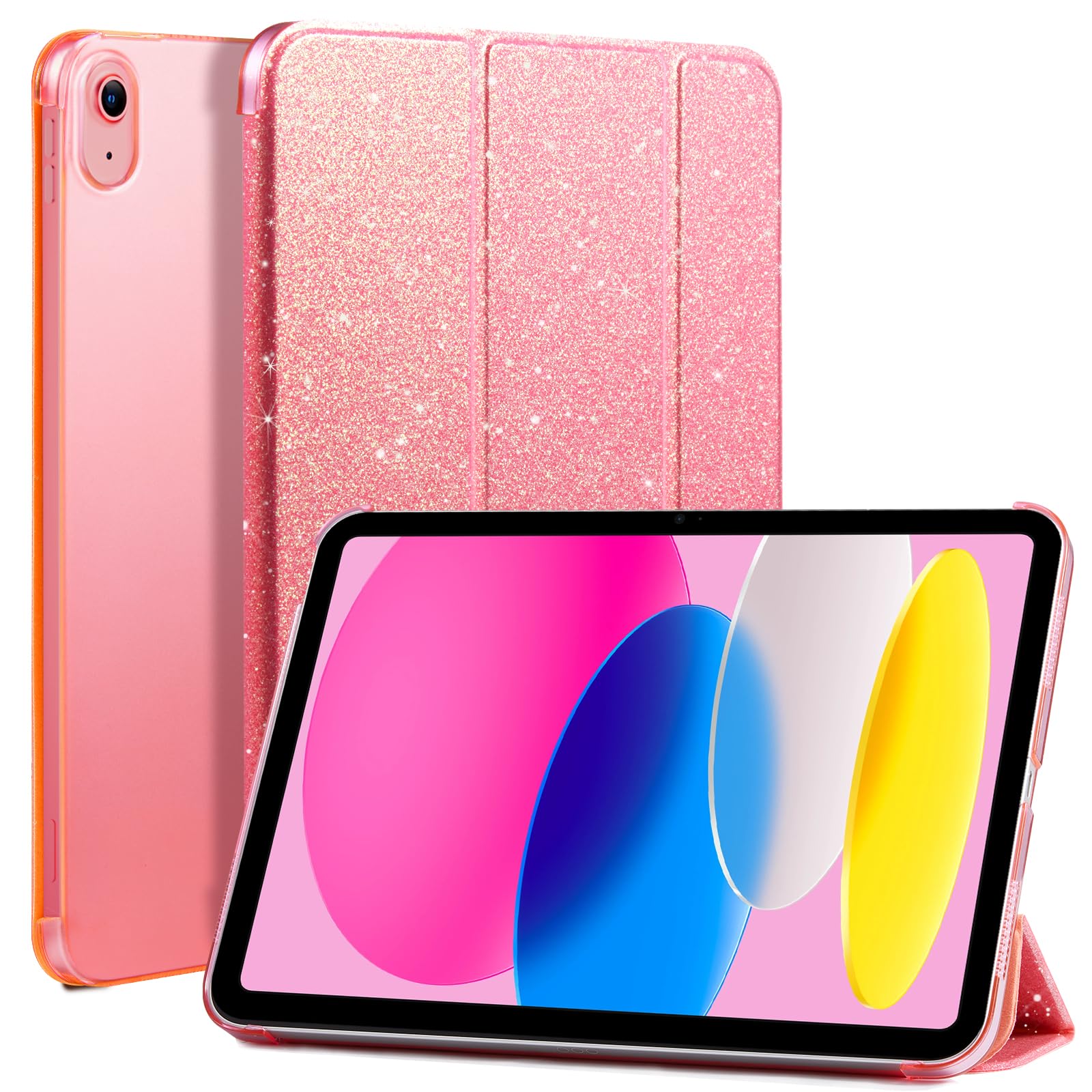 iPad 11th Gen (10th Compatible) Slim Stand Cover with Clear Hard Back, Touch ID#Color_Rose Gold Glitter