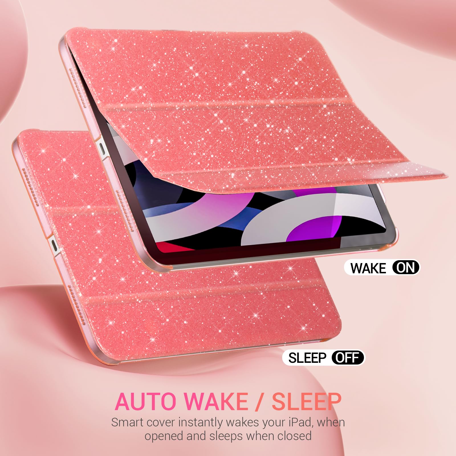 iPad 11th Gen (10th Compatible) Slim Stand Cover with Clear Hard Back, Touch ID#Color_Rose Gold Glitter
