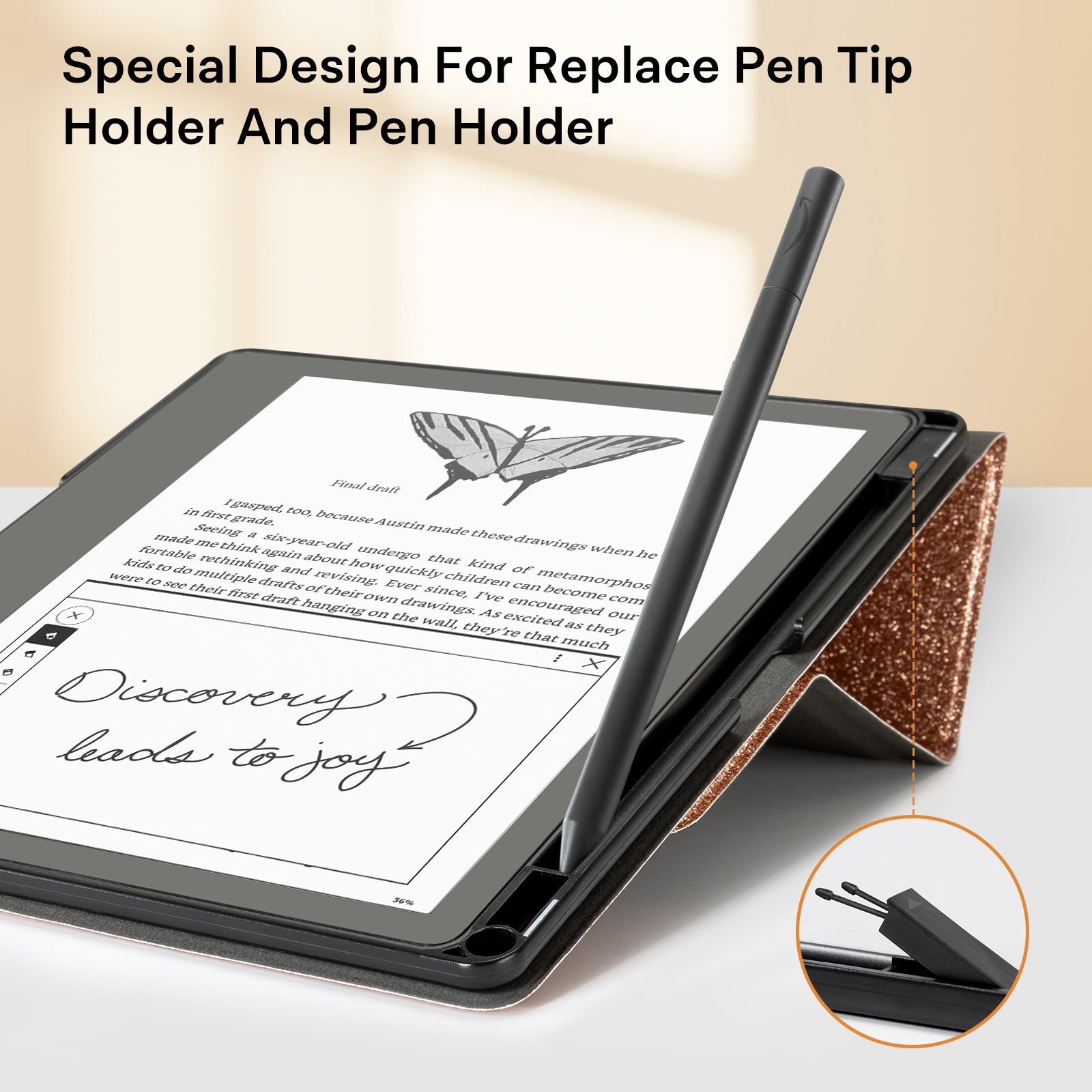 Eden Rose Gold Glitter Kindle Scribe 10.2 Inch Folio Case