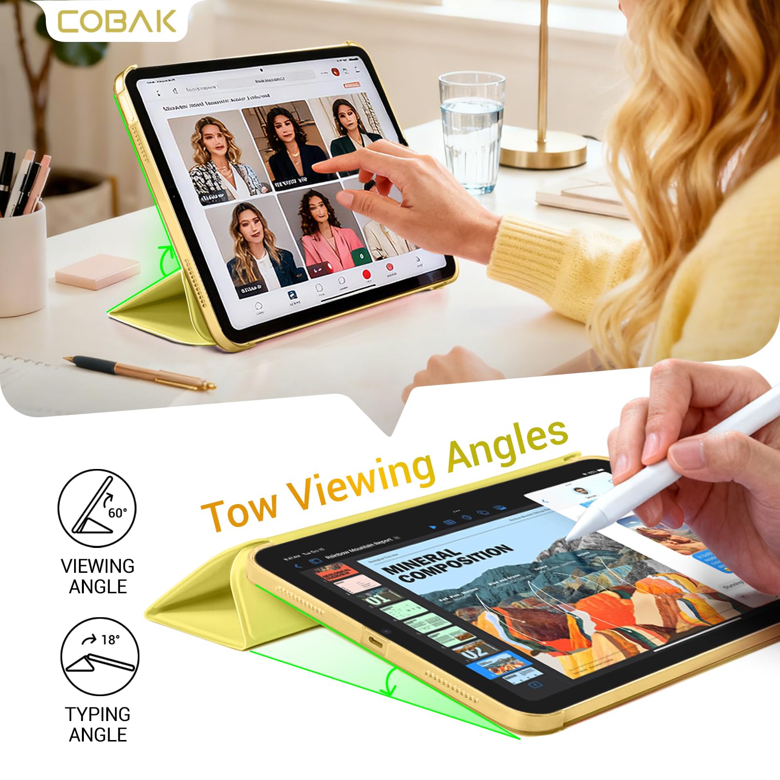 iPad 11th Gen (10th Compatible) Slim Stand Cover with Clear Hard Back, Touch ID#Color_Yellow