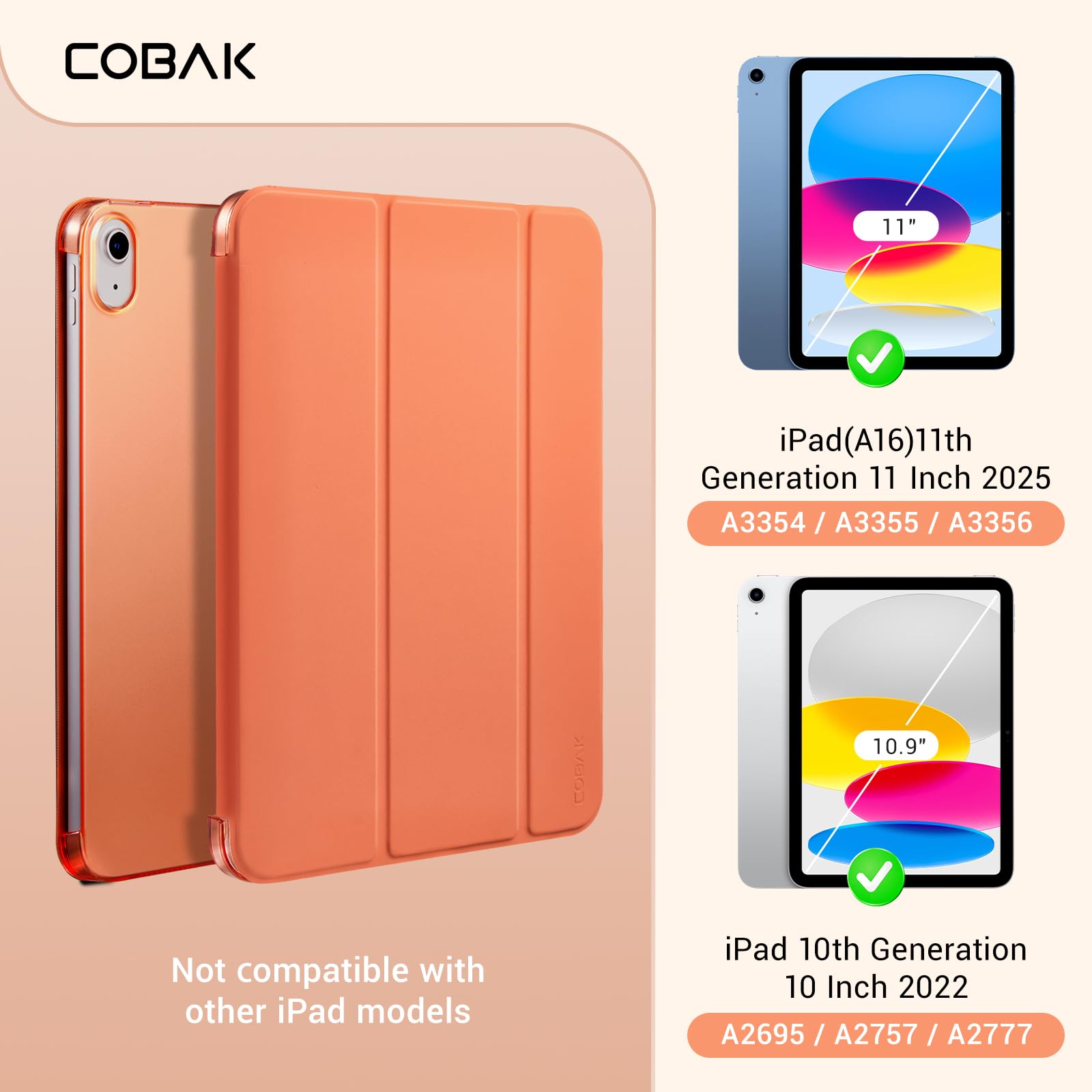 iPad 11th Gen (10th Compatible) Slim Stand Cover with Clear Hard Back, Touch ID#Color_Orange