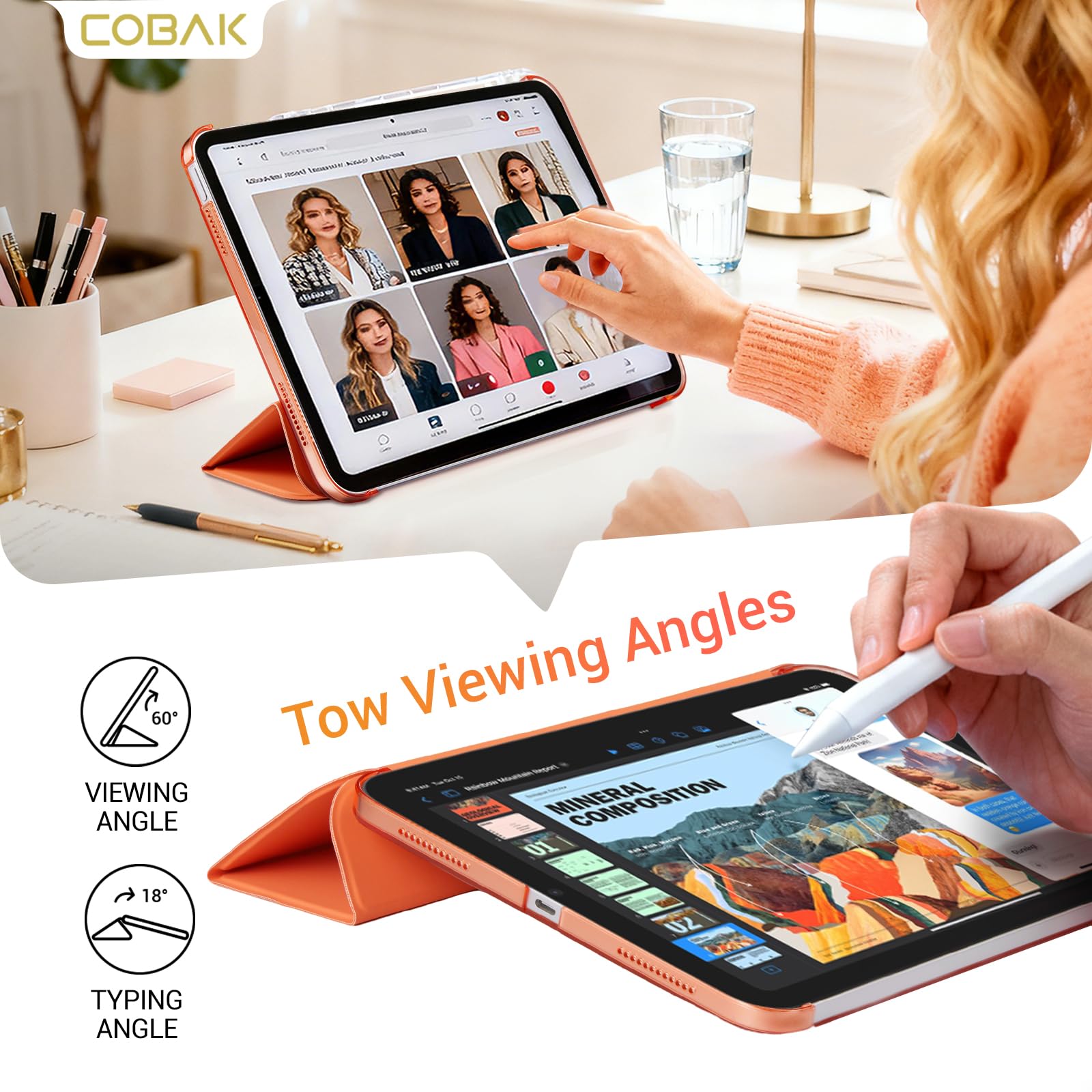 iPad 11th Gen (10th Compatible) Slim Stand Cover with Clear Hard Back, Touch ID#Color_Orange