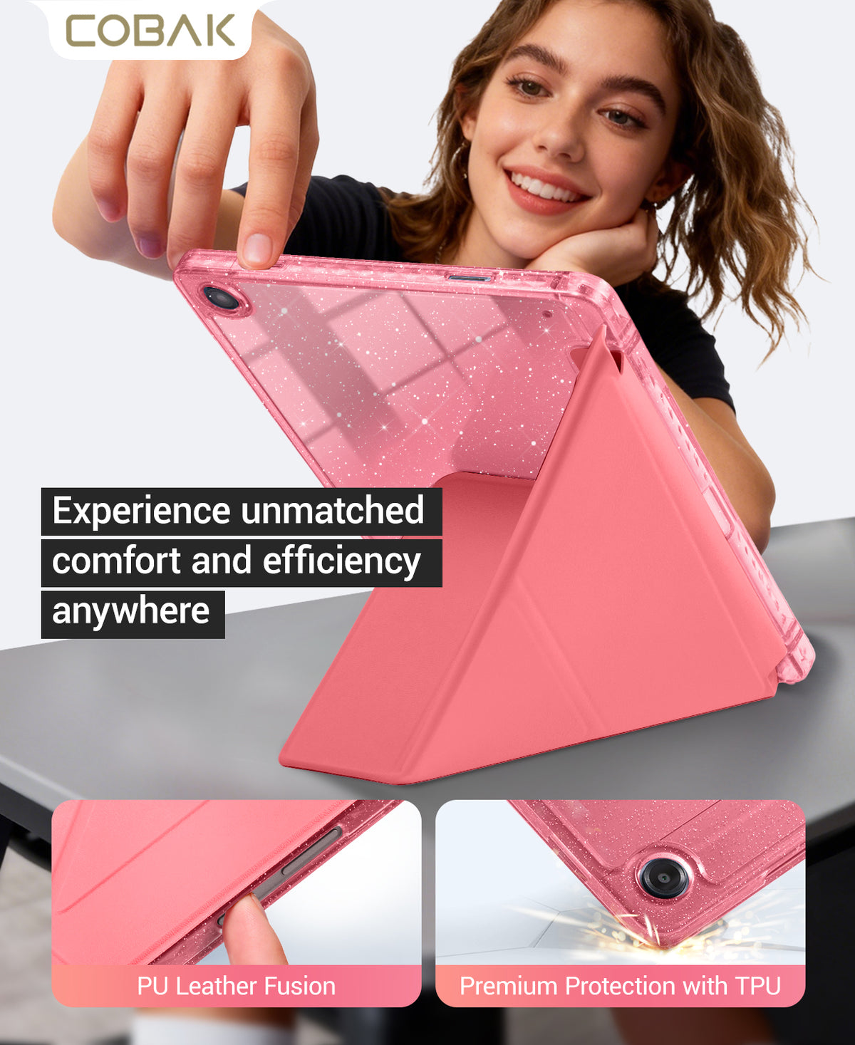 Galaxy Tab A11+ / A9+ 11" Multi-Angle Y-Fold Case#Color_Pink Glitter