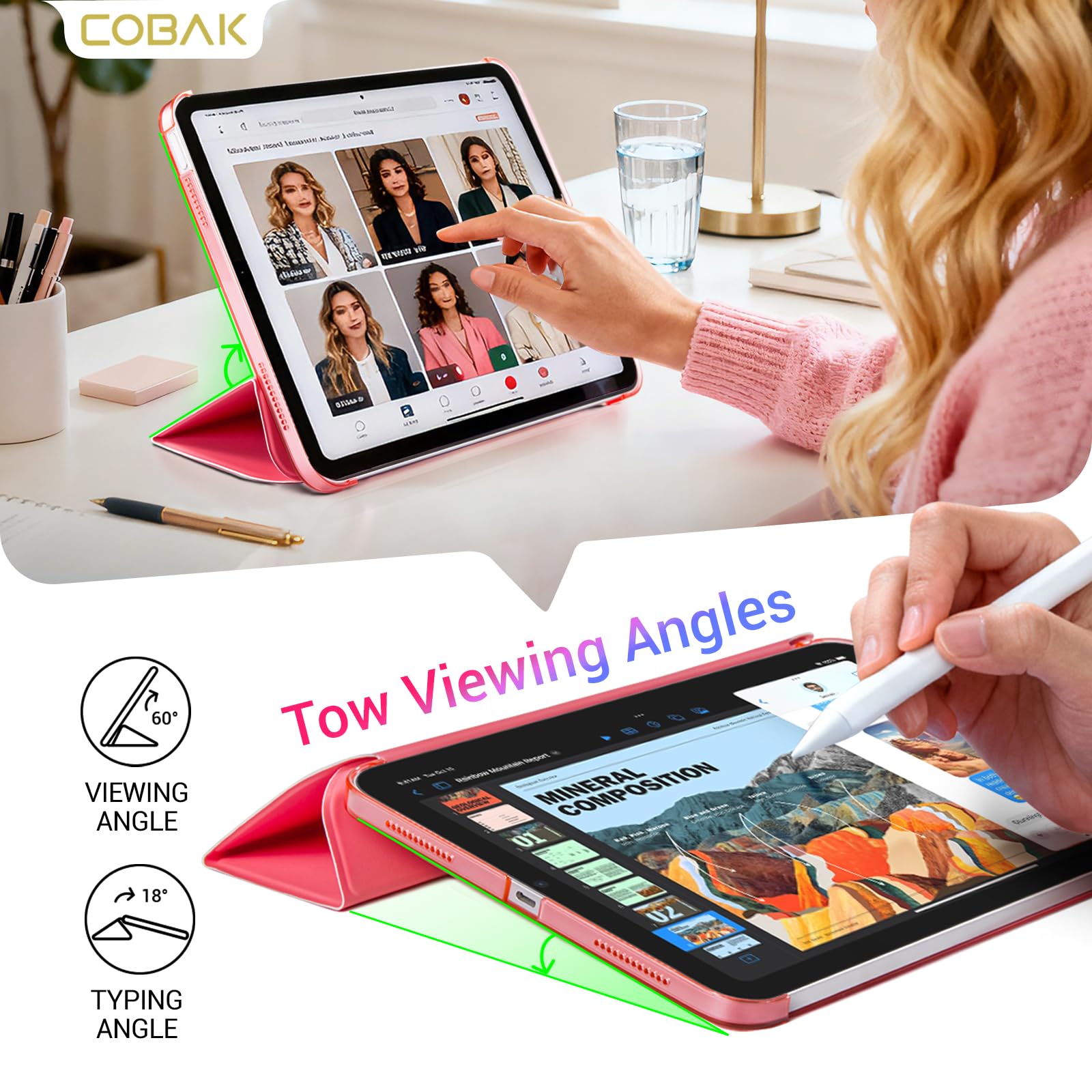 iPad 11th Gen (10th Compatible) Slim Stand Cover with Clear Hard Back, Touch ID#Color_Raspberry