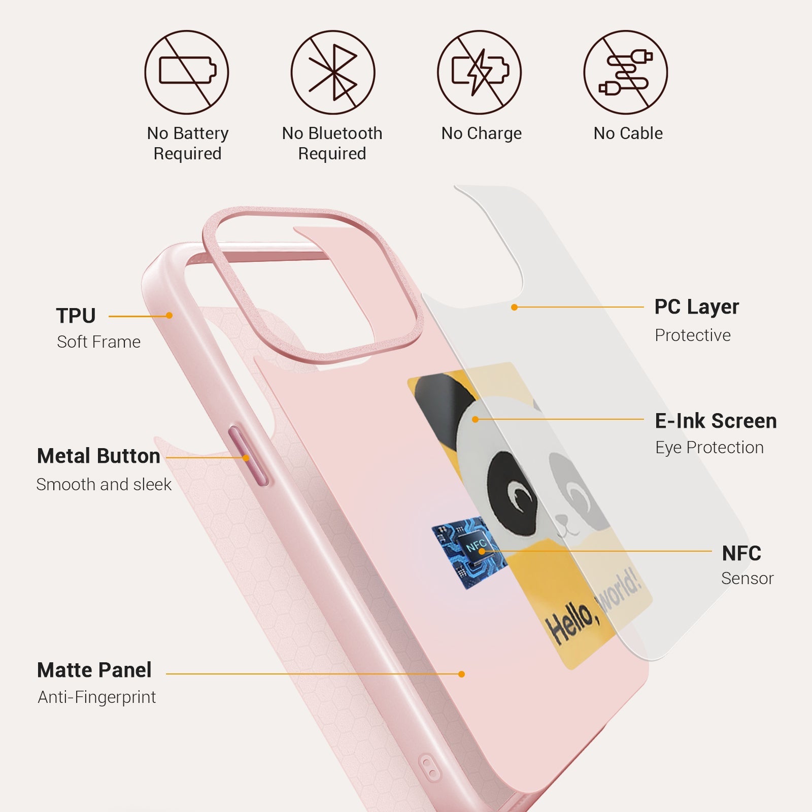 iPhone 13–16 NFC E-Ink Case with 4-Inch HD Display#Color_Peach Pink